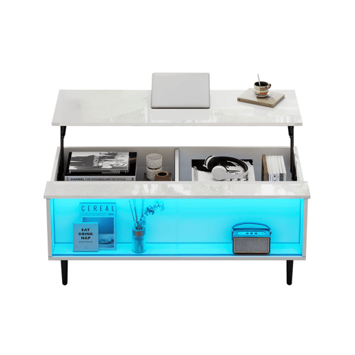 Mesa de centro elevável 105x50x43 cm - com LED, arrumação oculta, vidro temperado - Branco Mesa de centro elevável 105x50x43 cm - com LED, arrumação oculta, vidro temperado - Branco