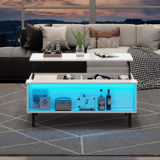 Mesa de centro elevável 105x50x43 cm - com LED, arrumação oculta, vidro temperado - Branco Mesa de centro elevável 105x50x43 cm - com LED, arrumação oculta, vidro temperado - Branco