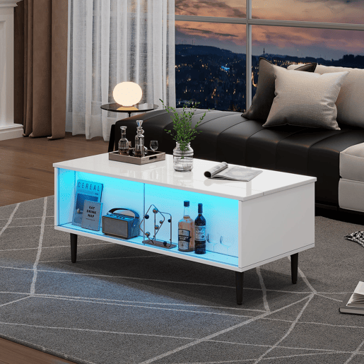 Mesa de centro elevável 105x50x43 cm - com LED, arrumação oculta, vidro temperado - Branco Mesa de centro elevável 105x50x43 cm - com LED, arrumação oculta, vidro temperado - Branco