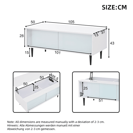 Mesa de centro elevável 105x50x43 cm - com LED, arrumação oculta, vidro temperado - Branco Mesa de centro elevável 105x50x43 cm - com LED, arrumação oculta, vidro temperado - Branco