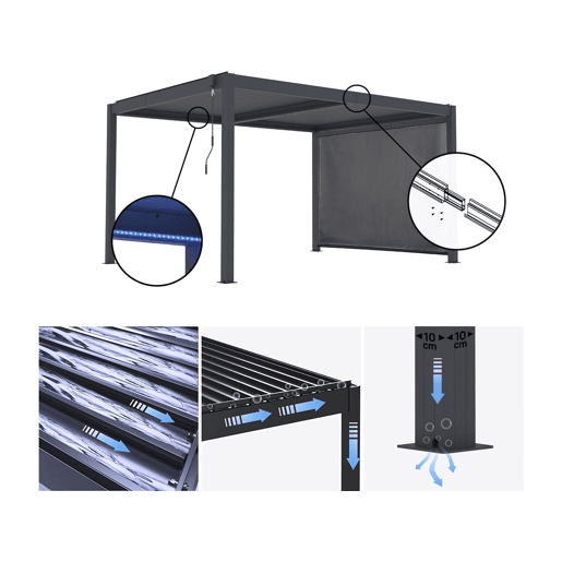 Pérgula bioclimática com LED e toldo de alumínio > - 3 x 4 m - Cinzento