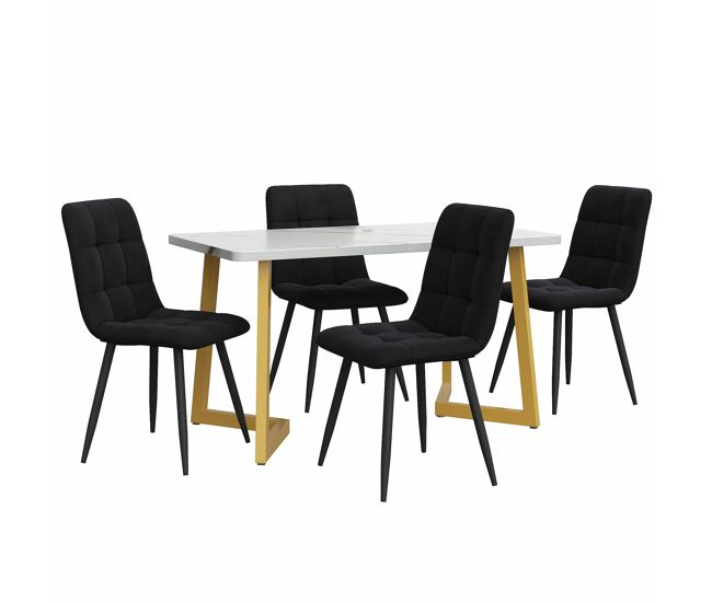 Conjunto comedor 117 cm - mesa rectangular con 4 sillas, silla de comedor de terciopelo negro, patas doradas