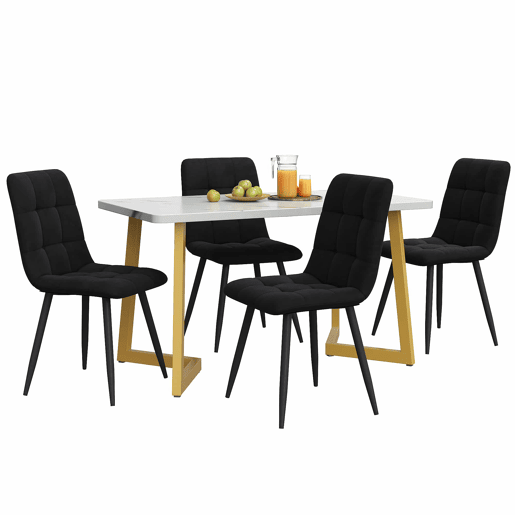 Conjunto de sala de jantar 117 cm - Mesa retangular com 4 cadeiras, cadeira de sala de jantar em veludo preto, pernas douradas