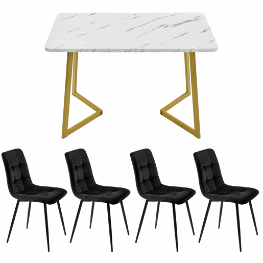 Conjunto de sala de jantar 117 cm - Mesa retangular com 4 cadeiras, cadeira de sala de jantar em veludo preto, pernas douradas