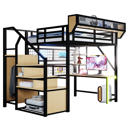 Cama de criança,cama alta de metal 140x200 cm com luz led,preto