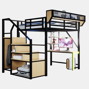 Cama de criança,cama alta de metal 140x200 cm com luz led,preto