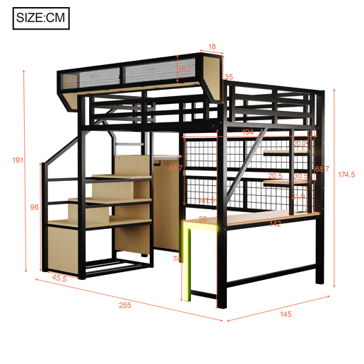 Cama de criança,cama alta de metal 140x200 cm com luz led,preto