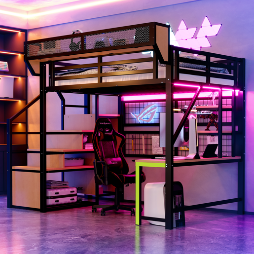 Cama de criança,cama alta de metal 140x200 cm com luz led,preto