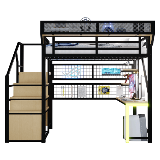 Cama de criança,cama alta de metal 140x200 cm com luz led,preto