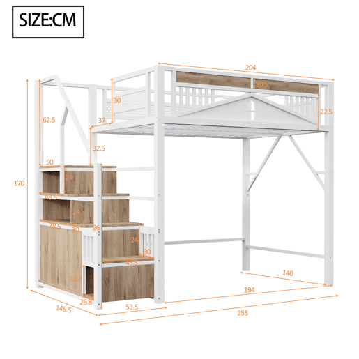Cama de criança,cama alta de metal 140x200 cm,branco