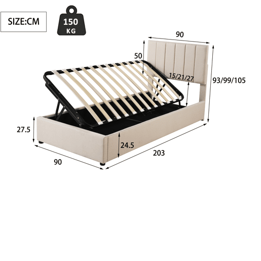 Cama de criança,cama de solteiro de linho 90x200 cm com armazenamento,bege