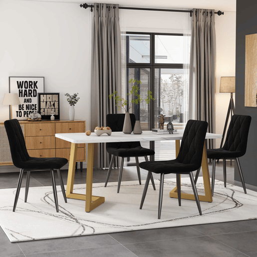 Conjunto de sala de jantar 117x68cm - Mesa retangular moderna com 4 cadeiras, pernas douradas, cor preta