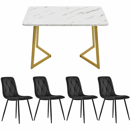 Conjunto de sala de jantar 117x68cm - Mesa retangular moderna com 4 cadeiras, pernas douradas, cor preta