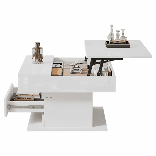 Mesa de centro 70x70x45 cm - Mesa giratória 360°, com 1 gaveta, alto brilho, com arrumação - Branco