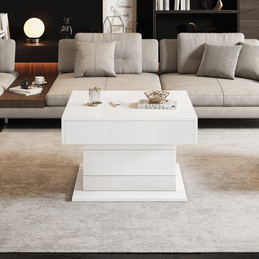 Mesa de centro 70x70x45 cm - Mesa giratória 360°, com 1 gaveta, alto brilho, com arrumação - Branco