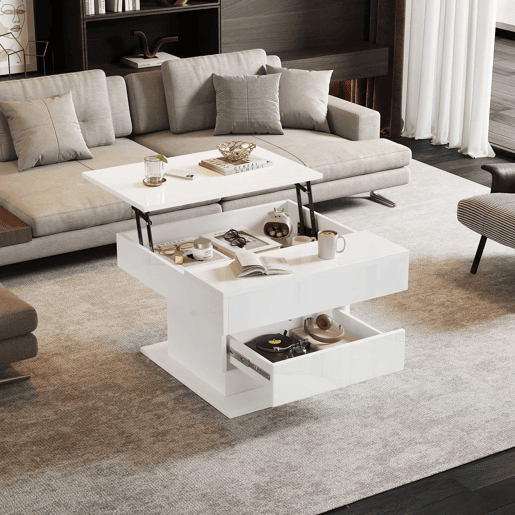 Mesa de centro 70x70x45 cm - Mesa giratória 360°, com 1 gaveta, alto brilho, com arrumação - Branco