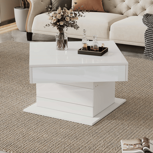 Mesa de centro 70x70x45 cm - Mesa giratória 360°, com 1 gaveta, alto brilho, com arrumação - Branco