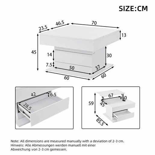 Mesa de centro 70x70x45 cm - Mesa giratória 360°, com 1 gaveta, alto brilho, com arrumação - Branco