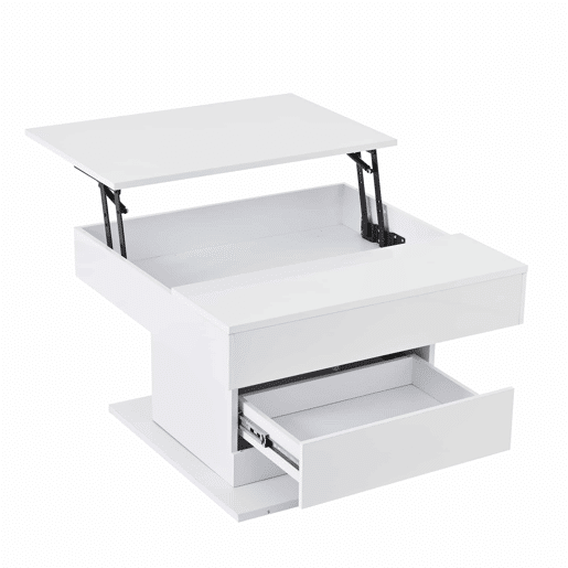 Mesa de centro 70x70x45 cm - Mesa giratória 360°, com 1 gaveta, alto brilho, com arrumação - Branco