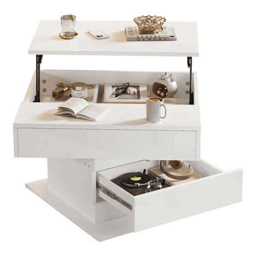 Mesa de centro 70x70x45 cm - Mesa giratória 360°, com 1 gaveta, alto brilho, com arrumação - Branco