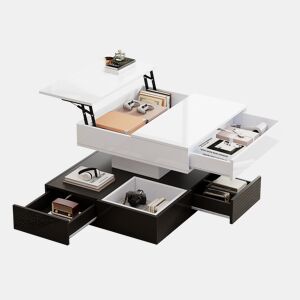 Mesa de centro 70×70×40 cm - tampo giratório 360°, duplo nível com 3 gavetas, elevável - preto e branco
