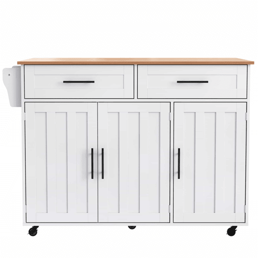 Carrinho de jantar 129x46(71)x91,5 cm - Mesa de jantar com tampo rebatível, prateleiras interiores nas portas, ilha de cozinha sobre 5 rodas com armários de arrumação e 2 gavetas - Branco