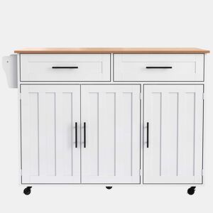 Carrinho de jantar 129x46(71)x91,5 cm - Mesa de jantar com tampo rebatível, prateleiras interiores nas portas, ilha de cozinha sobre 5 rodas com armários de arrumação e 2 gavetas - Branco