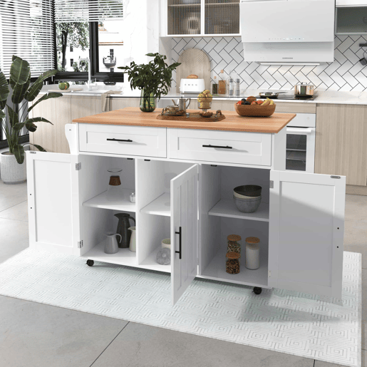 Carrinho de jantar 129x46(71)x91,5 cm - Mesa de jantar com tampo rebatível, prateleiras interiores nas portas, ilha de cozinha sobre 5 rodas com armários de arrumação e 2 gavetas - Branco