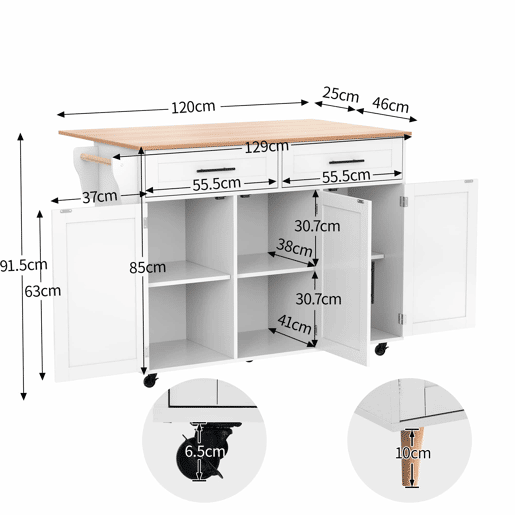Carrinho de jantar 129x46(71)x91,5 cm - Mesa de jantar com tampo rebatível, prateleiras interiores nas portas, ilha de cozinha sobre 5 rodas com armários de arrumação e 2 gavetas - Branco