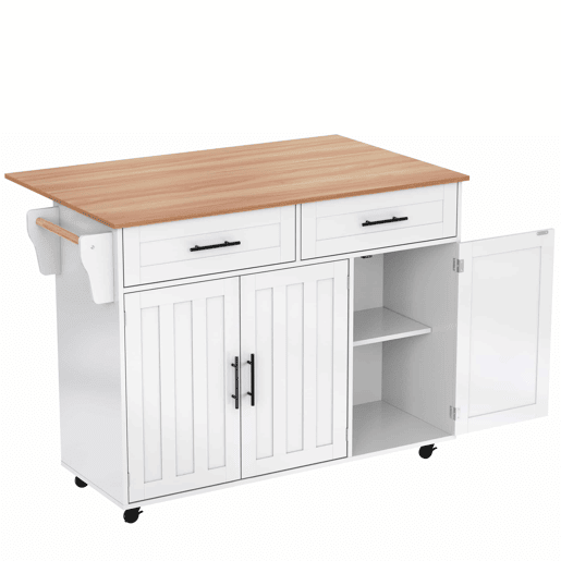 Carrinho de jantar 129x46(71)x91,5 cm - Mesa de jantar com tampo rebatível, prateleiras interiores nas portas, ilha de cozinha sobre 5 rodas com armários de arrumação e 2 gavetas - Branco