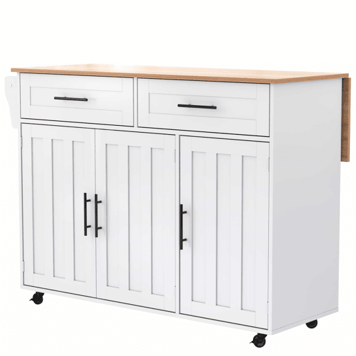 Carrinho de jantar 129x46(71)x91,5 cm - Mesa de jantar com tampo rebatível, prateleiras interiores nas portas, ilha de cozinha sobre 5 rodas com armários de arrumação e 2 gavetas - Branco