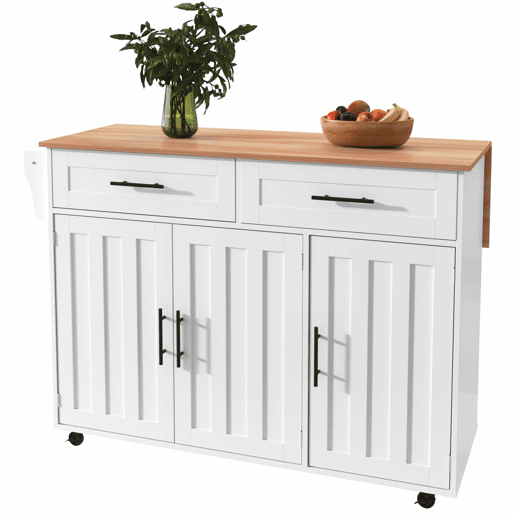 Carrinho de jantar 129x46(71)x91,5 cm - Mesa de jantar com tampo rebatível, prateleiras interiores nas portas, ilha de cozinha sobre 5 rodas com armários de arrumação e 2 gavetas - Branco