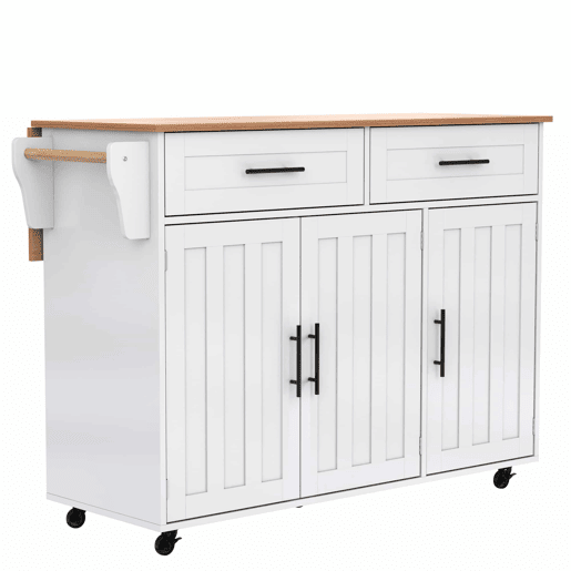 Carrinho de jantar 129x46(71)x91,5 cm - Mesa de jantar com tampo rebatível, prateleiras interiores nas portas, ilha de cozinha sobre 5 rodas com armários de arrumação e 2 gavetas - Branco