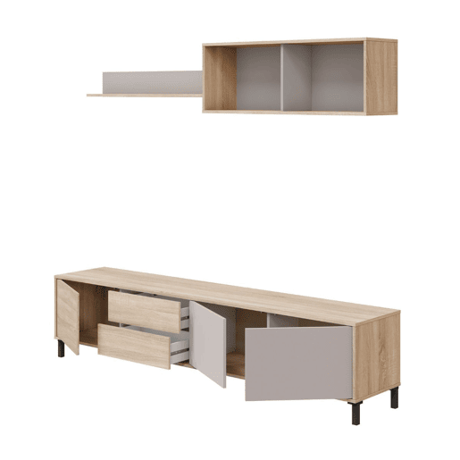 Conjunto de móveis modernos para sala de estar Bari, módulos para sala de jantar, rack para TV em carvalho canadense e cashmere, 200 cm