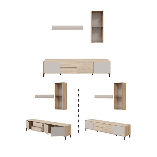 Conjunto de móveis modernos para sala de estar Bari, módulos para sala de jantar, rack para TV em carvalho canadense e cashmere, 200 cm