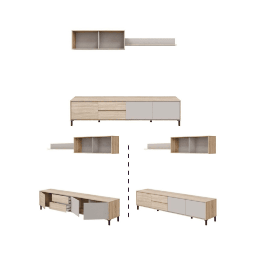 Conjunto de móveis modernos para sala de estar Bari, módulos para sala de jantar, rack para TV em carvalho canadense e cashmere, 200 cm