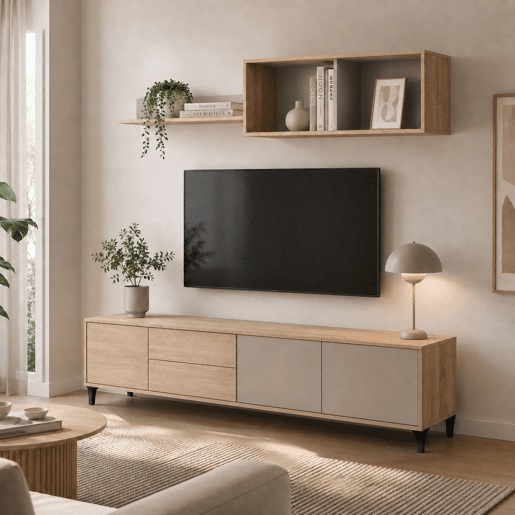 Conjunto de móveis modernos para sala de estar Bari, módulos para sala de jantar, rack para TV em carvalho canadense e cashmere, 200 cm