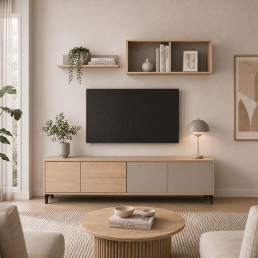 Conjunto de móveis modernos para sala de estar Bari, módulos para sala de jantar, rack para TV em carvalho canadense e cashmere, 200 cm