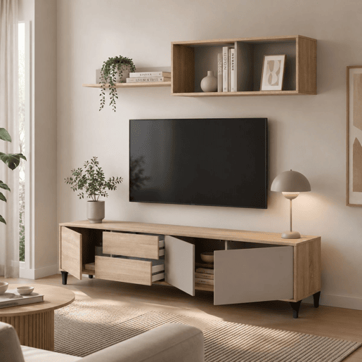 Conjunto de móveis modernos para sala de estar Bari, módulos para sala de jantar, rack para TV em carvalho canadense e cashmere, 200 cm