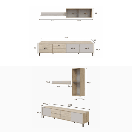 Conjunto de móveis modernos para sala de estar Bari, módulos para sala de jantar, rack para TV em carvalho canadense e cashmere, 200 cm