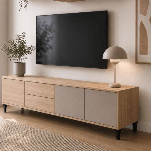 Conjunto de móveis modernos para sala de estar Bari, módulos para sala de jantar, rack para TV em carvalho canadense e cashmere, 200 cm
