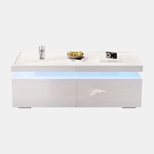Mesa de centro 95×45×35 cm - LED, 2 gavetas, design geométrico, alto brilho - branco