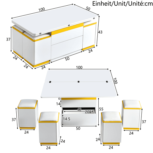 Mesa de centro elevável 100x50x43 - multifuncional dobrável - branco alto brilho