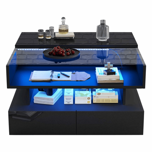 Mesa de centro elevável 80x80x45 cm - Com arrumação oculta, 2 gavetas, LED - Preto