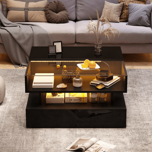 Mesa de centro elevável 80x80x45 cm - Com arrumação oculta, 2 gavetas, LED - Preto