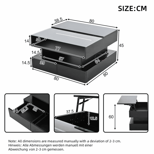 Mesa de centro elevável 80x80x45 cm - Com arrumação oculta, 2 gavetas, LED - Preto