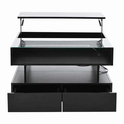 Mesa de centro elevável 80x80x45 cm - Com arrumação oculta, 2 gavetas, LED - Preto