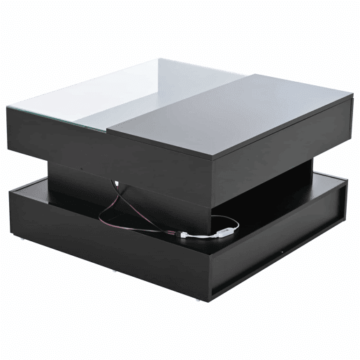 Mesa de centro elevável 80x80x45 cm - Com arrumação oculta, 2 gavetas, LED - Preto