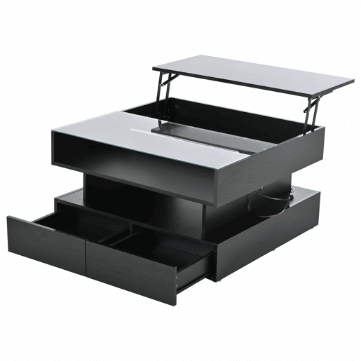 Mesa de centro elevável 80x80x45 cm - Com arrumação oculta, 2 gavetas, LED - Preto