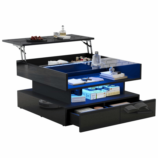 Mesa de centro elevável 80x80x45 cm - Com arrumação oculta, 2 gavetas, LED - Preto